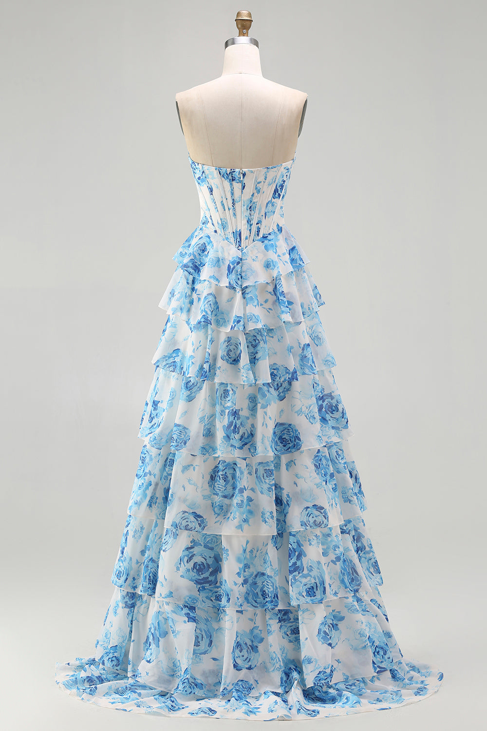 Sparkly White and Blue Floral Ruffled Strapless Corset Long Prom Dress
