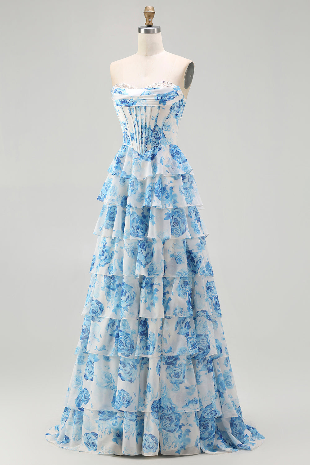 Sparkly White and Pink Floral Ruffled Strapless Corset Long Prom Dress