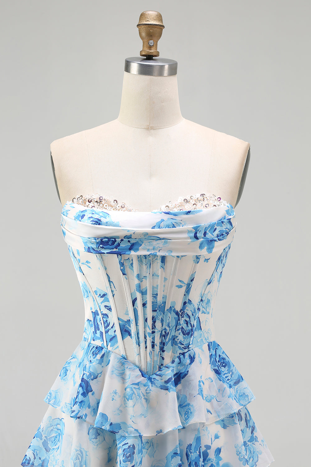 Sparkly White and Pink Floral Ruffled Strapless Corset Long Prom Dress