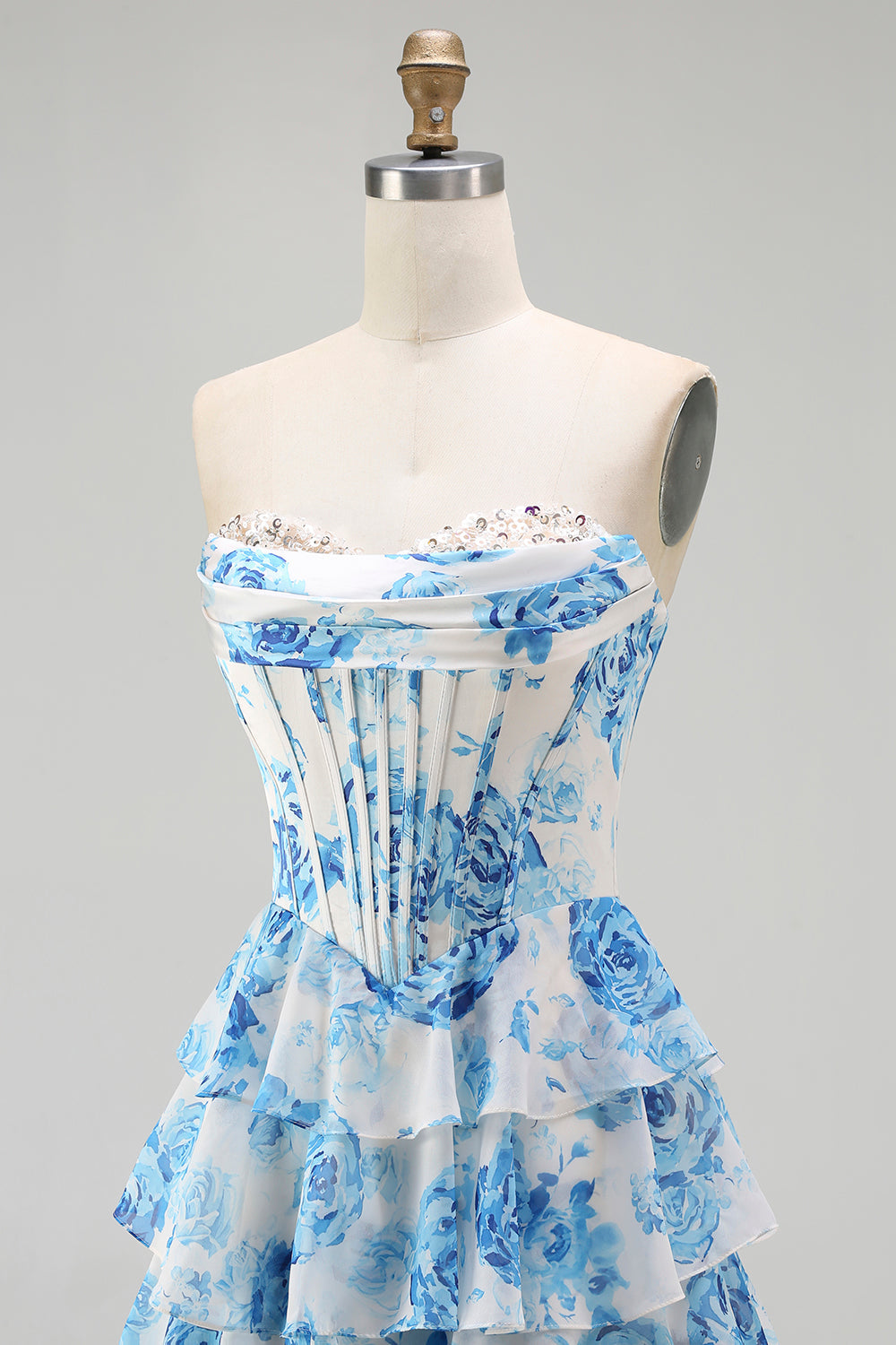 Sparkly White and Pink Floral Ruffled Strapless Corset Long Prom Dress