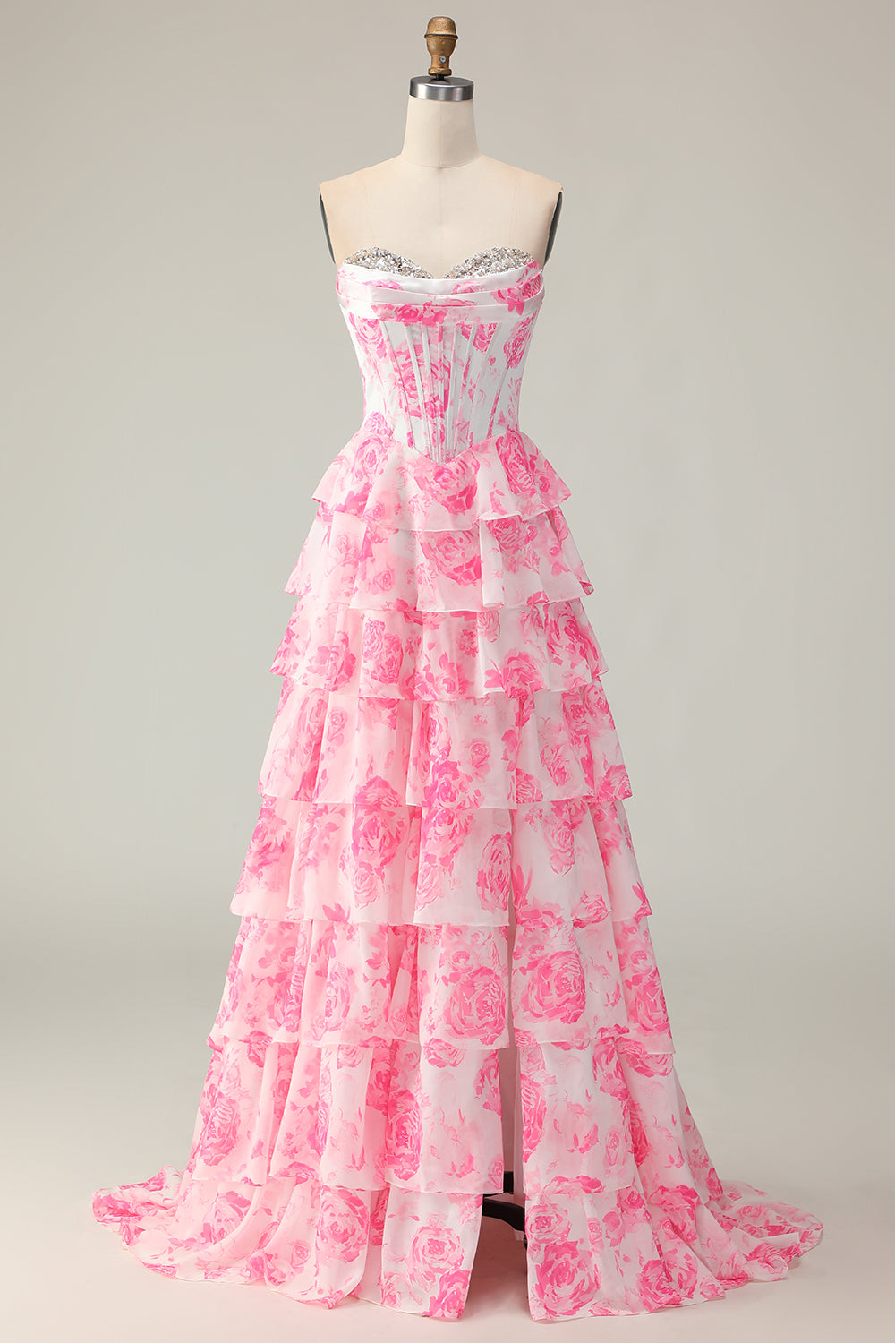 Sparkly White and Blue Floral Ruffled Strapless Corset Long Prom Dress