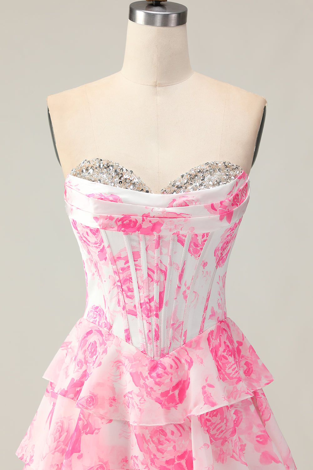 Sparkly White and Blue Floral Ruffled Strapless Corset Long Prom Dress