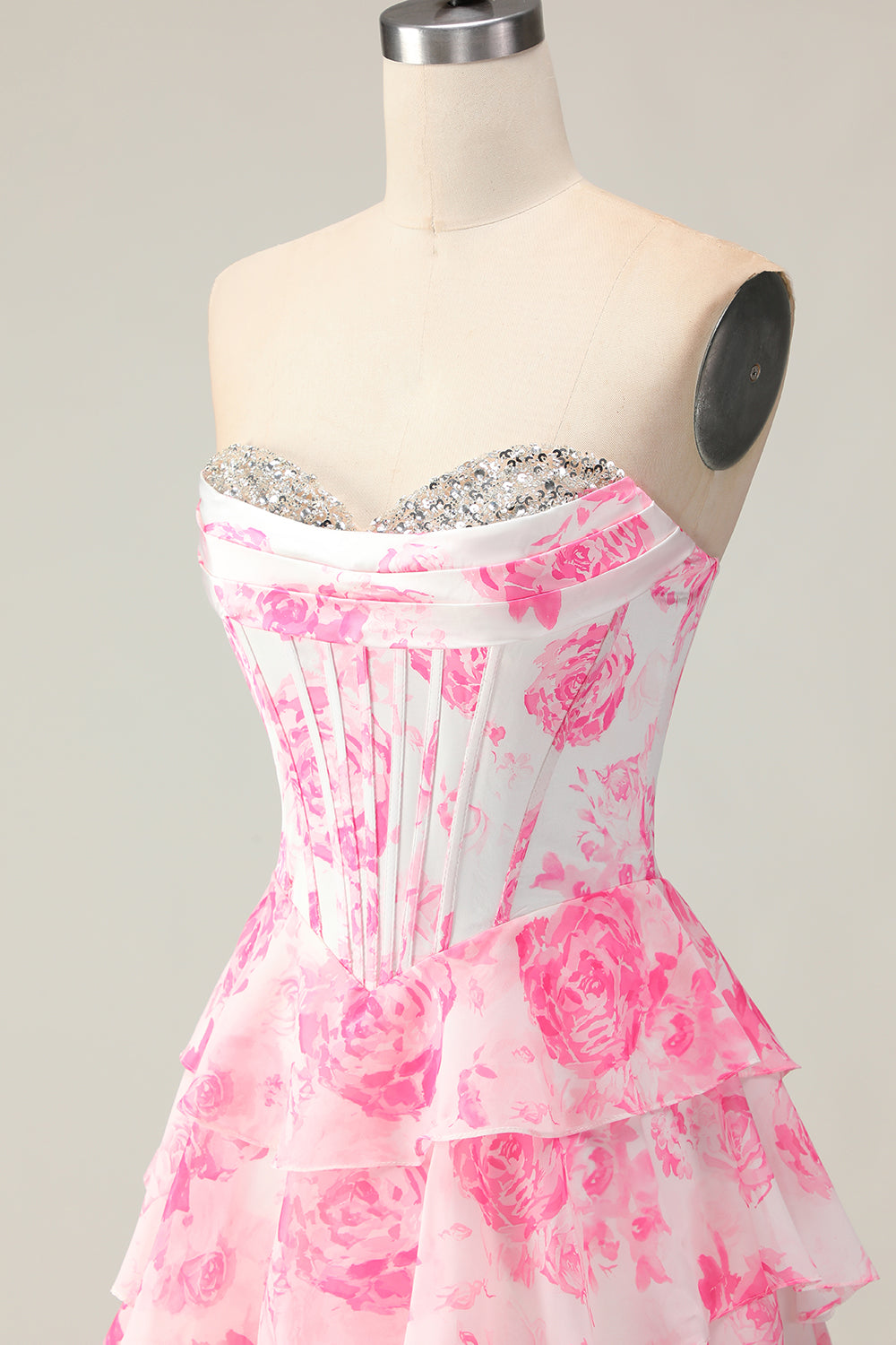 Sparkly White and Blue Floral Ruffled Strapless Corset Long Prom Dress