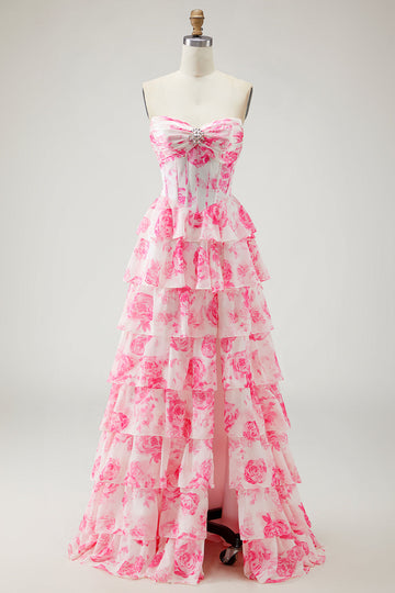 Sparkly White and Pink Flower Corset Tiered Long Prom Dress with Slit