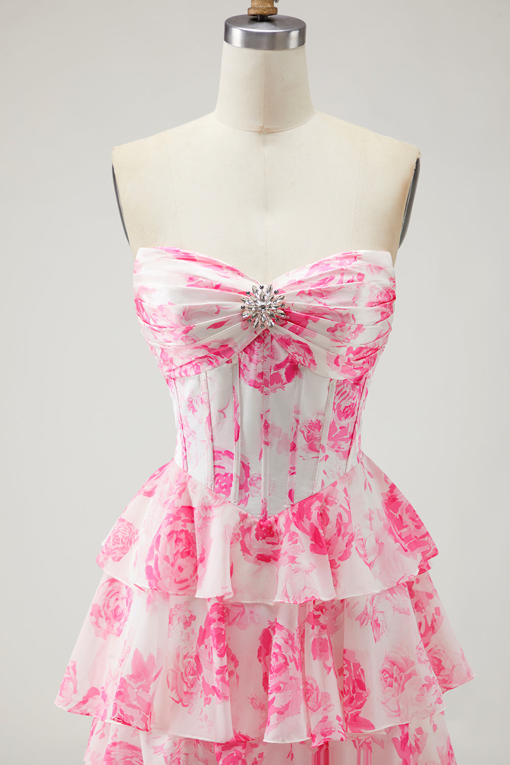 Sparkly White and Pink Flower Corset Tiered Long Prom Dress with Slit