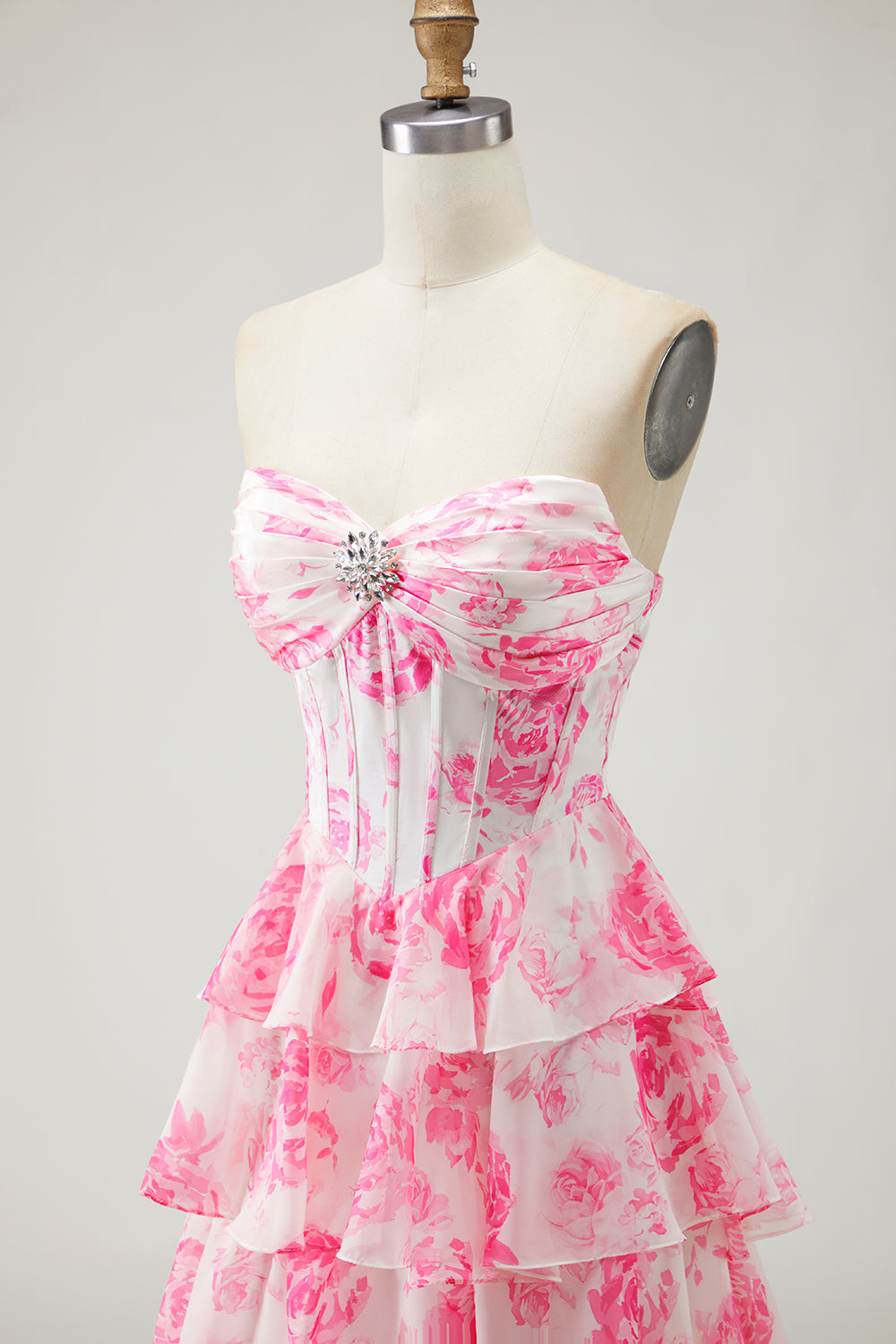 Sparkly White and Pink Flower Corset Tiered Long Prom Dress with Slit