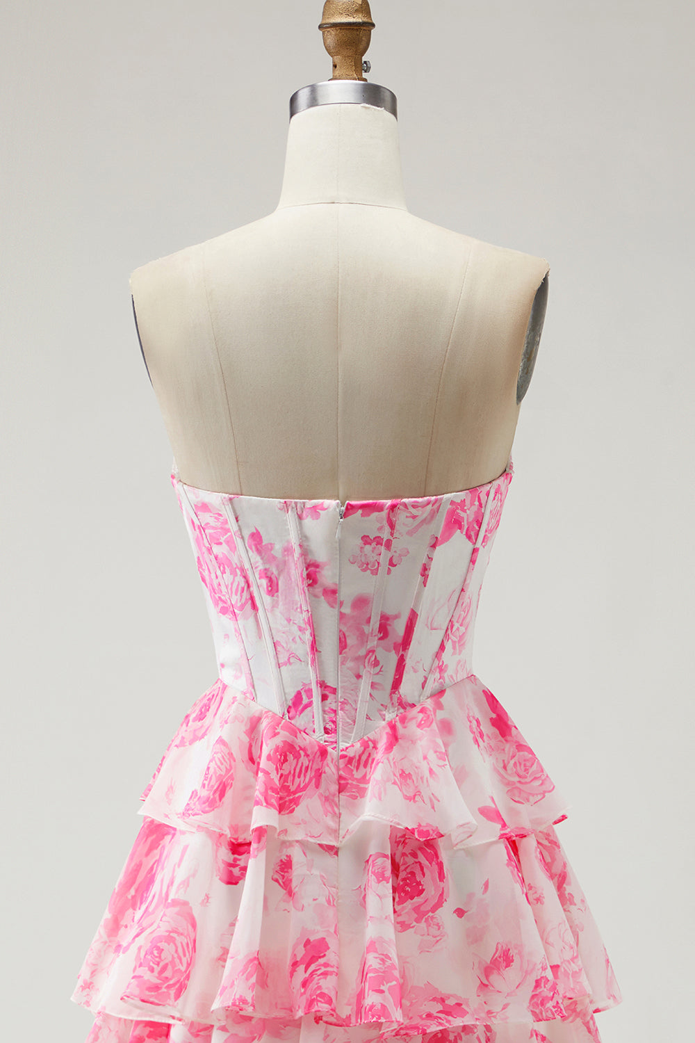 Sparkly White and Pink Flower Corset Tiered Long Prom Dress with Slit