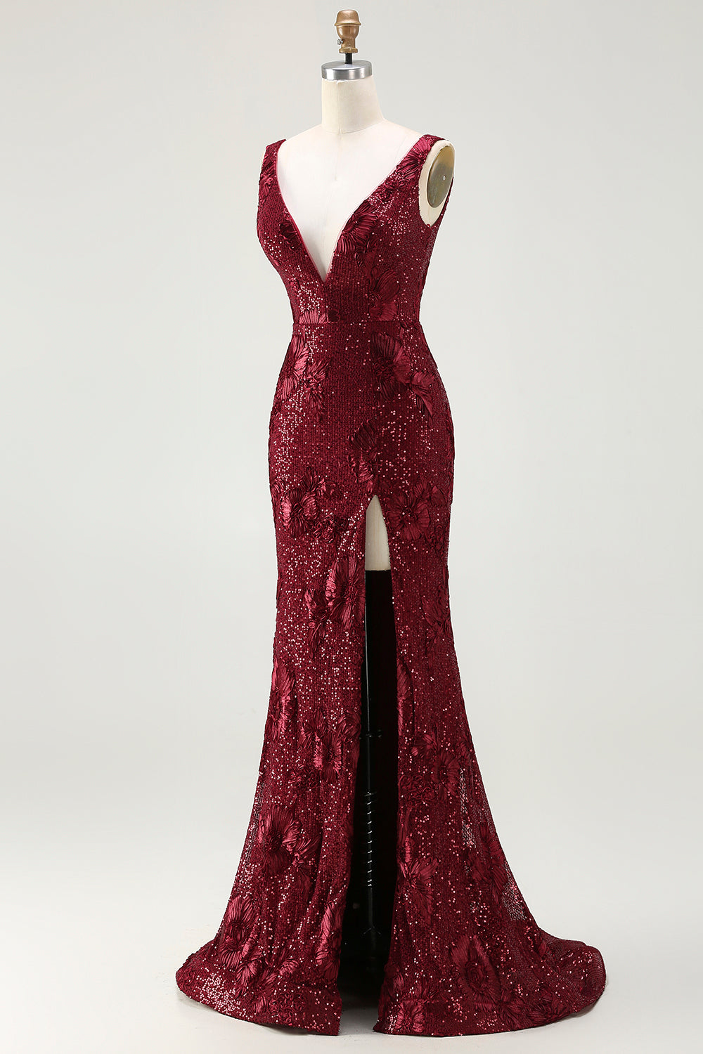 Sparkly Burgundy Sequin Mermaid Long Prom Dress with Slit