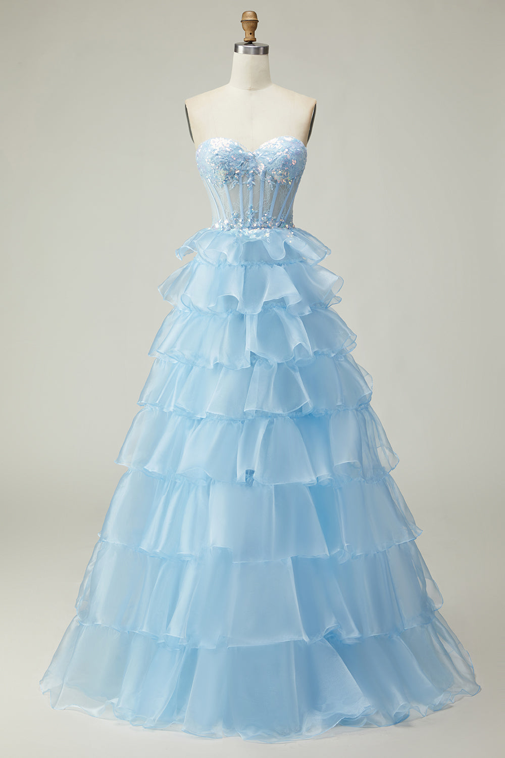 Sparkly Blue Strapless Corset Ruffled Long Prom Dress
