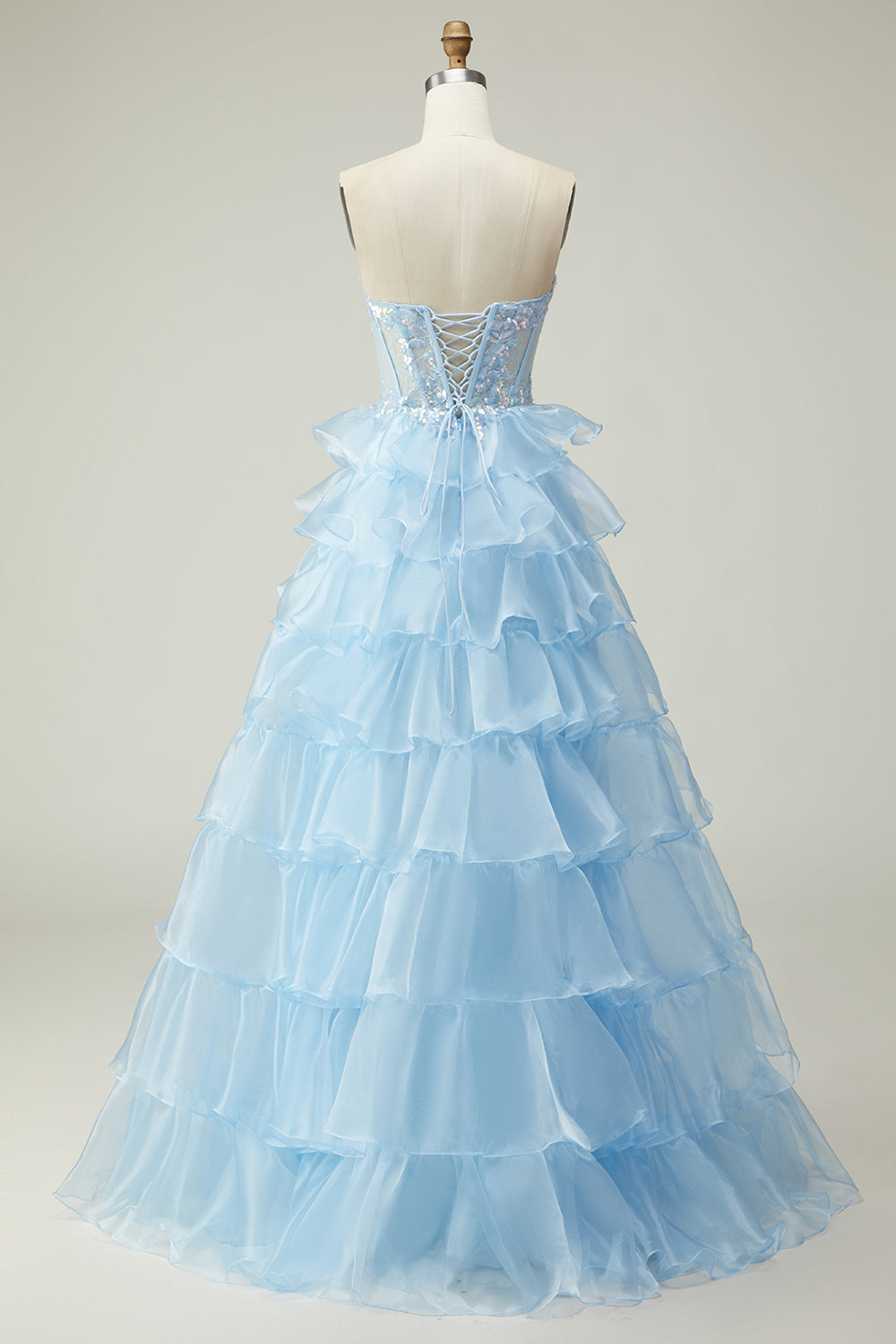 Sparkly Blue Strapless Corset Ruffled Long Prom Dress