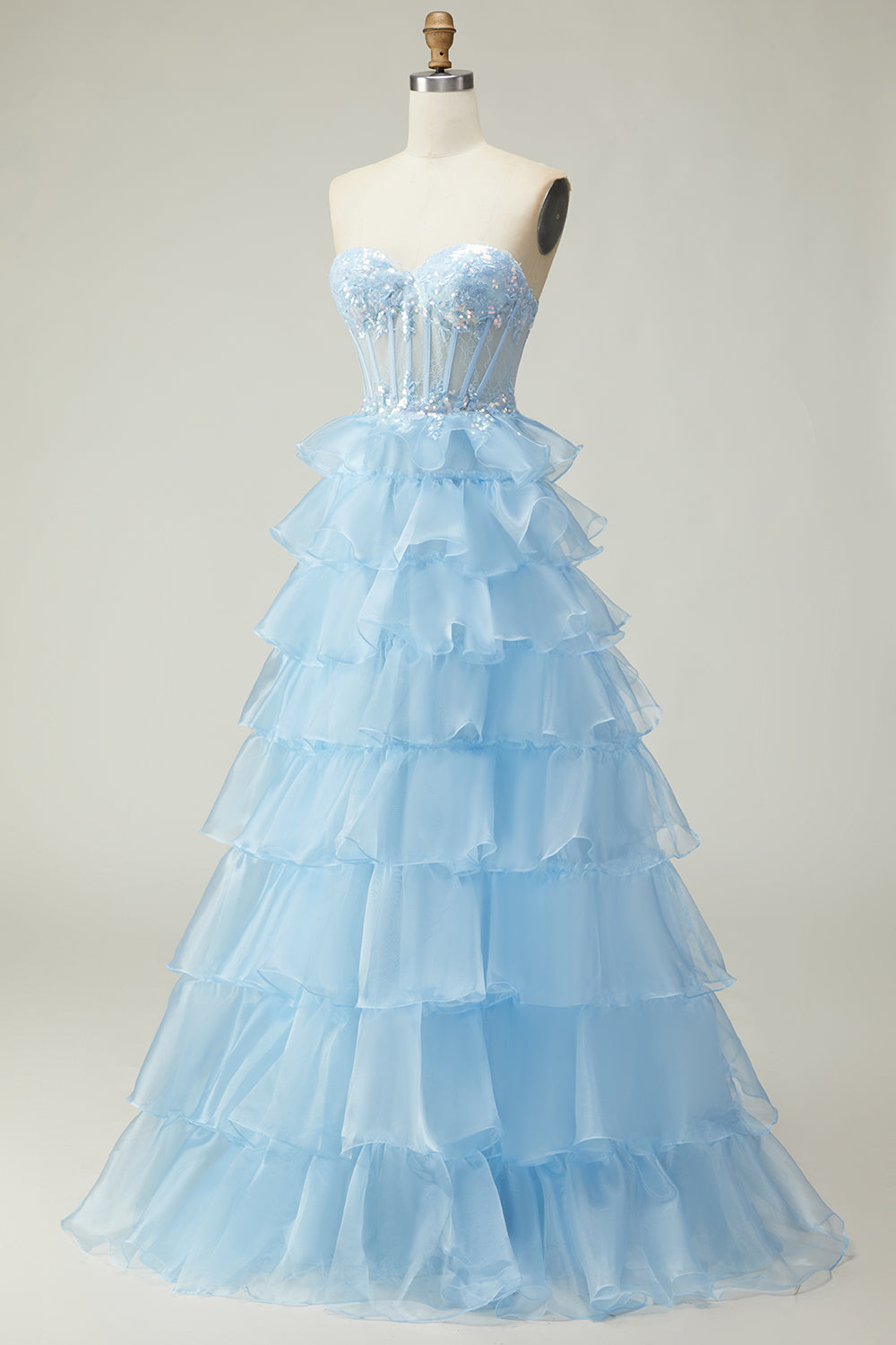 Sparkly Blue Strapless Corset Ruffled Long Prom Dress