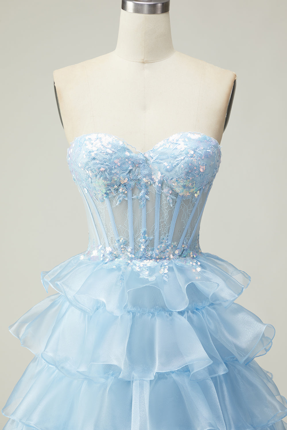 Sparkly Pink Strapless Ruffled Long Corset Prom Dress