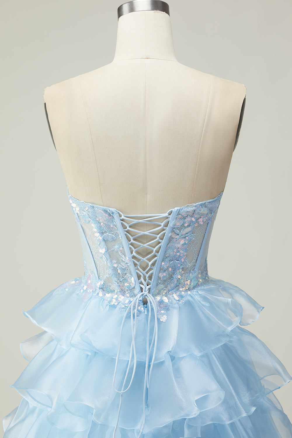 Sparkly Blue Strapless Corset Ruffled Long Prom Dress