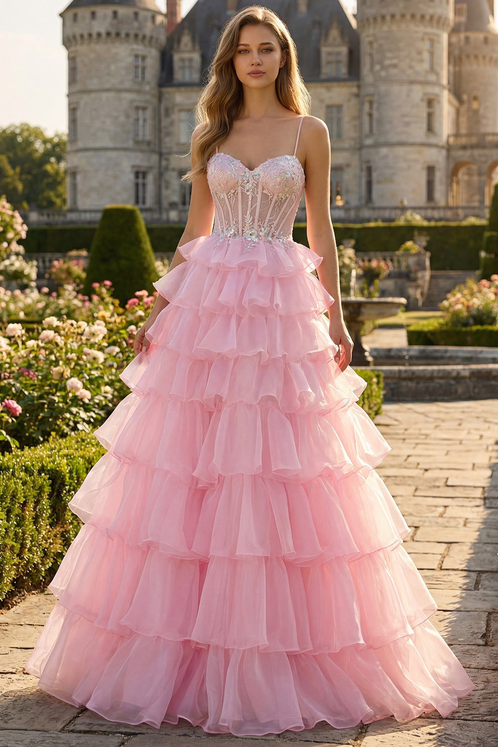 Sparkly Pink Strapless Ruffled Long Corset Prom Dress