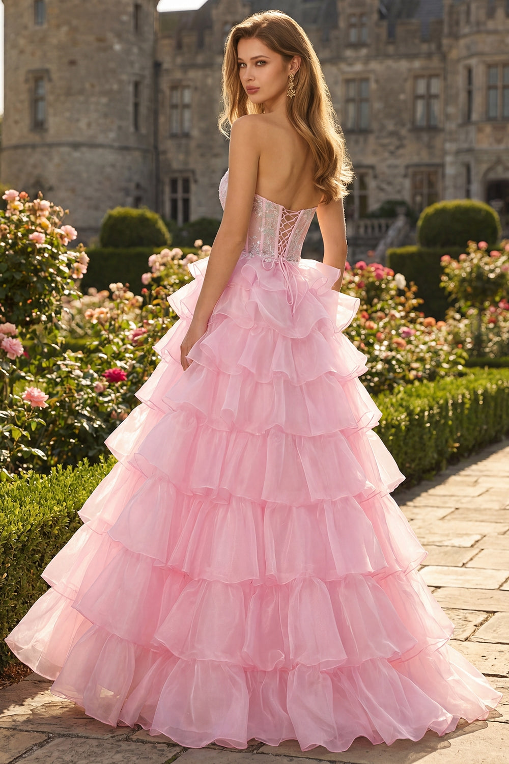 Sparkly Blue Strapless Corset Ruffled Long Prom Dress