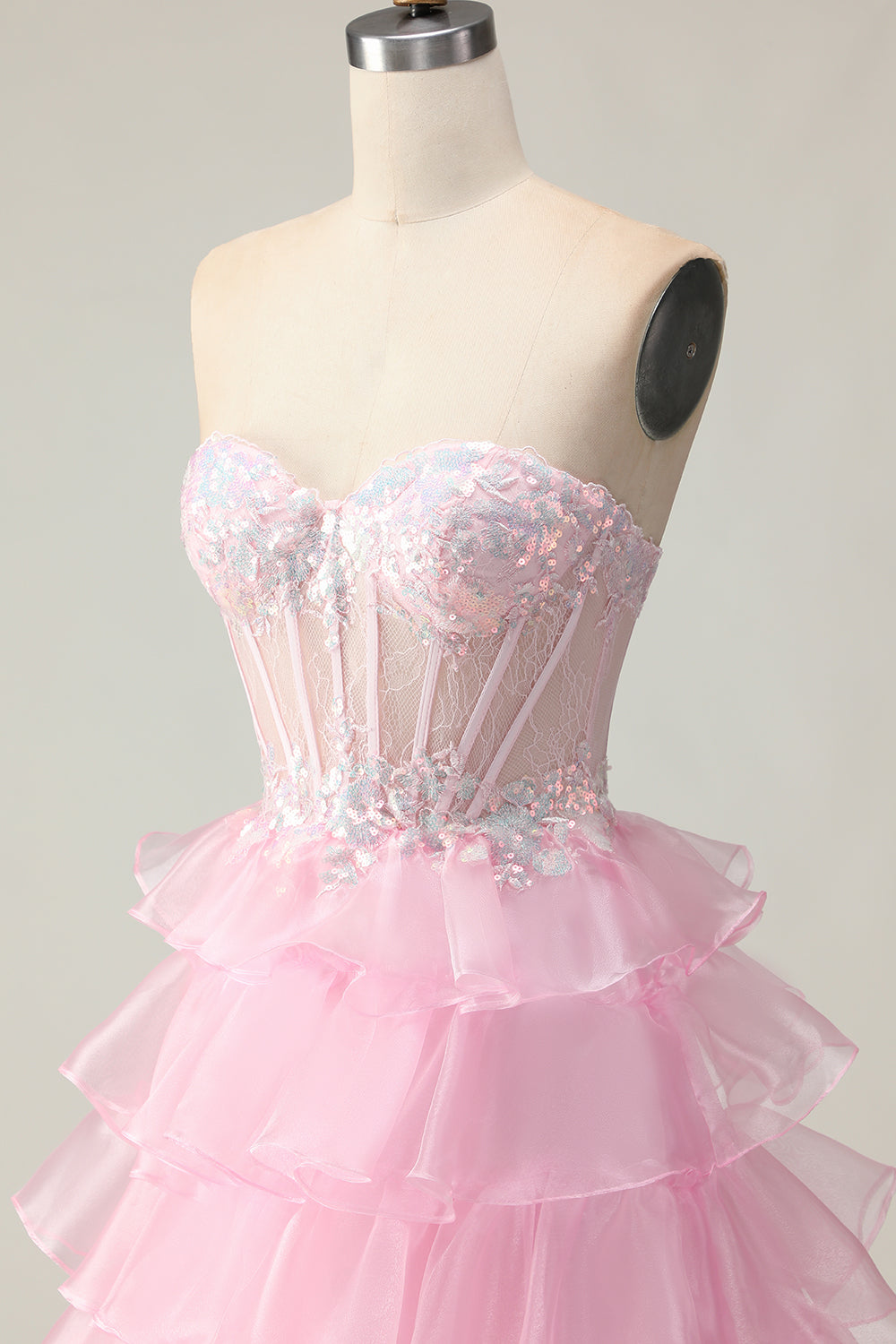 Sparkly Pink Strapless Ruffled Long Corset Prom Dress