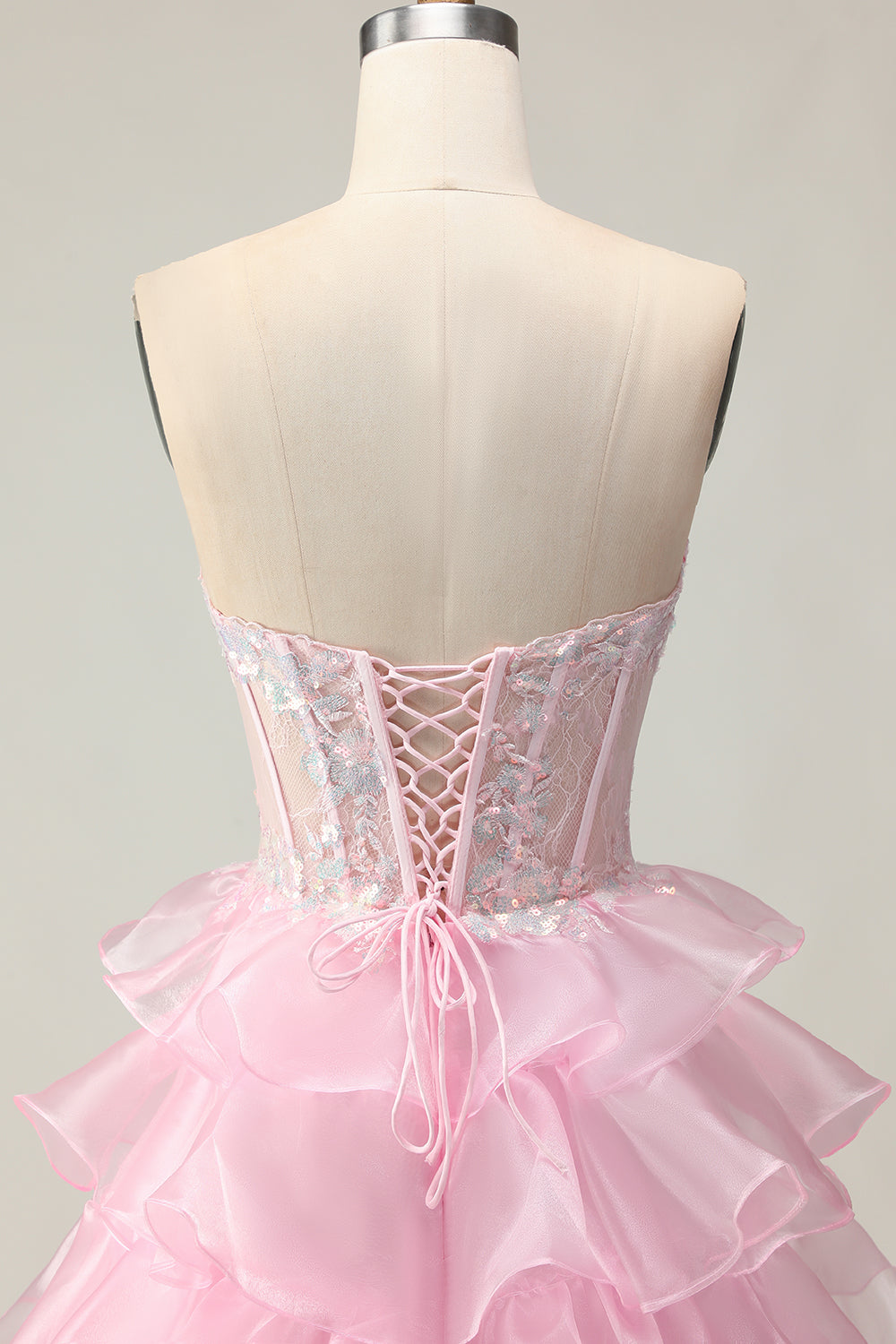 Sparkly Pink Strapless Ruffled Long Corset Prom Dress