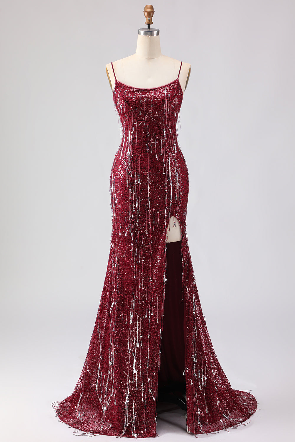 Sparkly Burgundy Mermaid Sequins Long Prom Dress with Slit