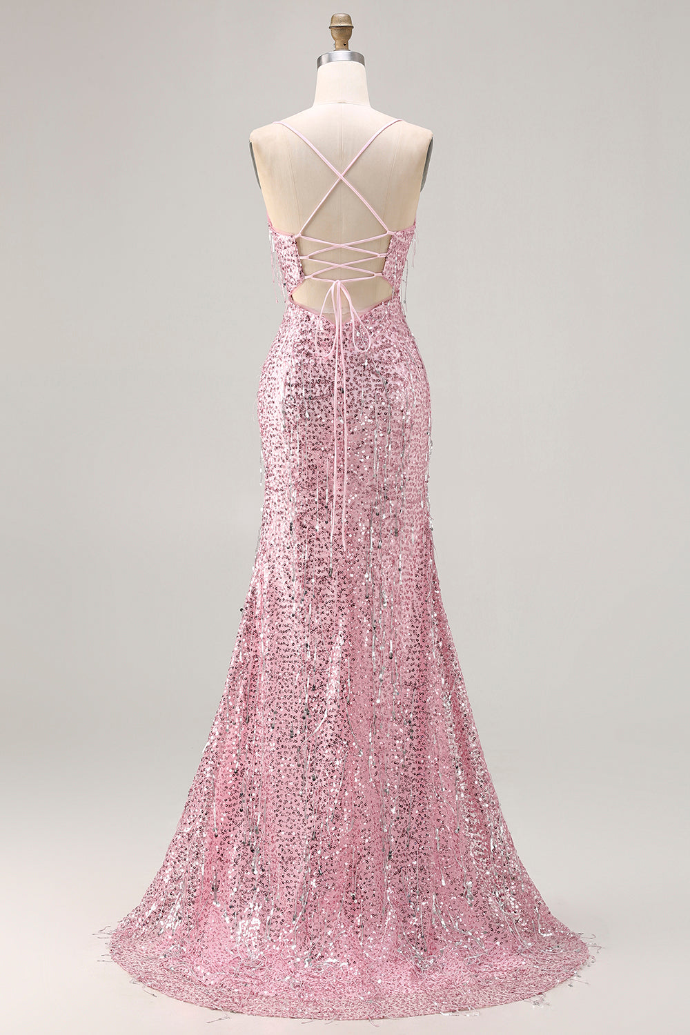 Sparkly Yellow Sequins Spaghetti Straps Long Prom Dress with Slit