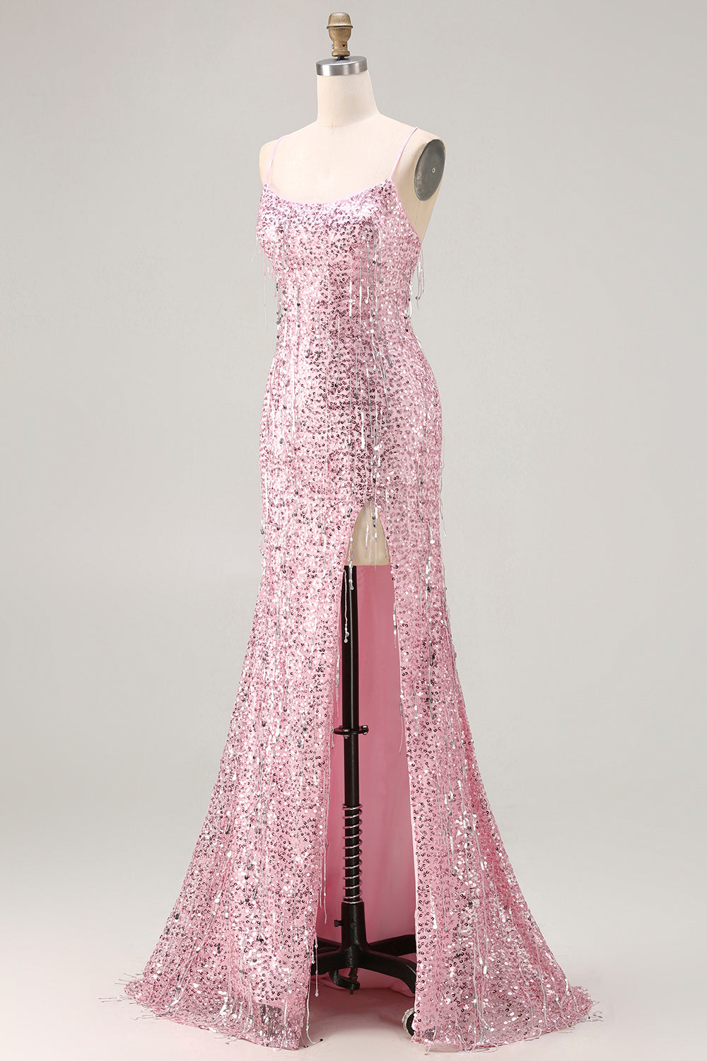 Sparkly Yellow Sequins Spaghetti Straps Long Prom Dress with Slit