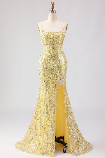 Sparkly Yellow Sequins Spaghetti Straps Long Prom Dress with Slit