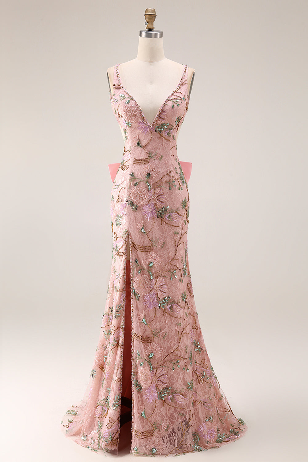 Sparkly Pink Floral Lace V Neck Mermaid Long Prom Dress with Slit