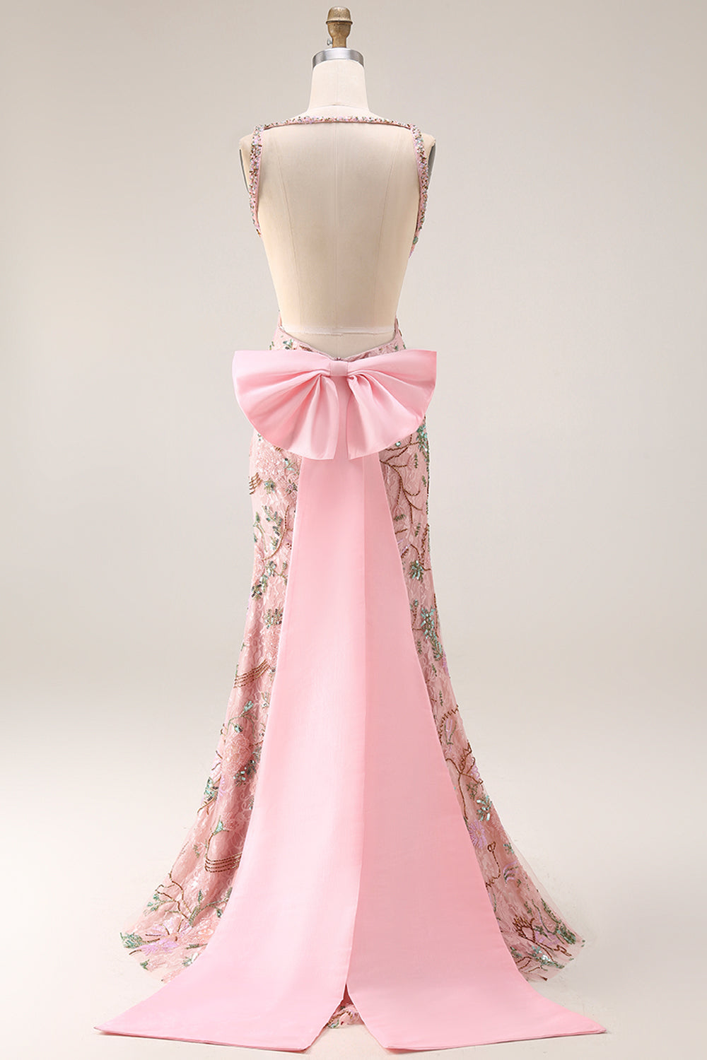 Sparkly Pink Floral Lace V Neck Mermaid Long Prom Dress with Slit