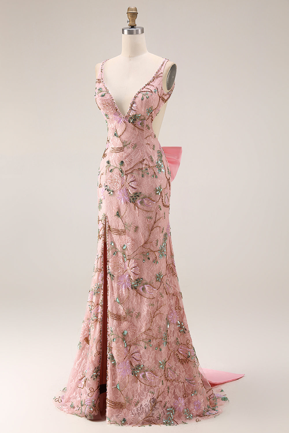 Sparkly Pink Floral Lace V Neck Mermaid Long Prom Dress with Slit