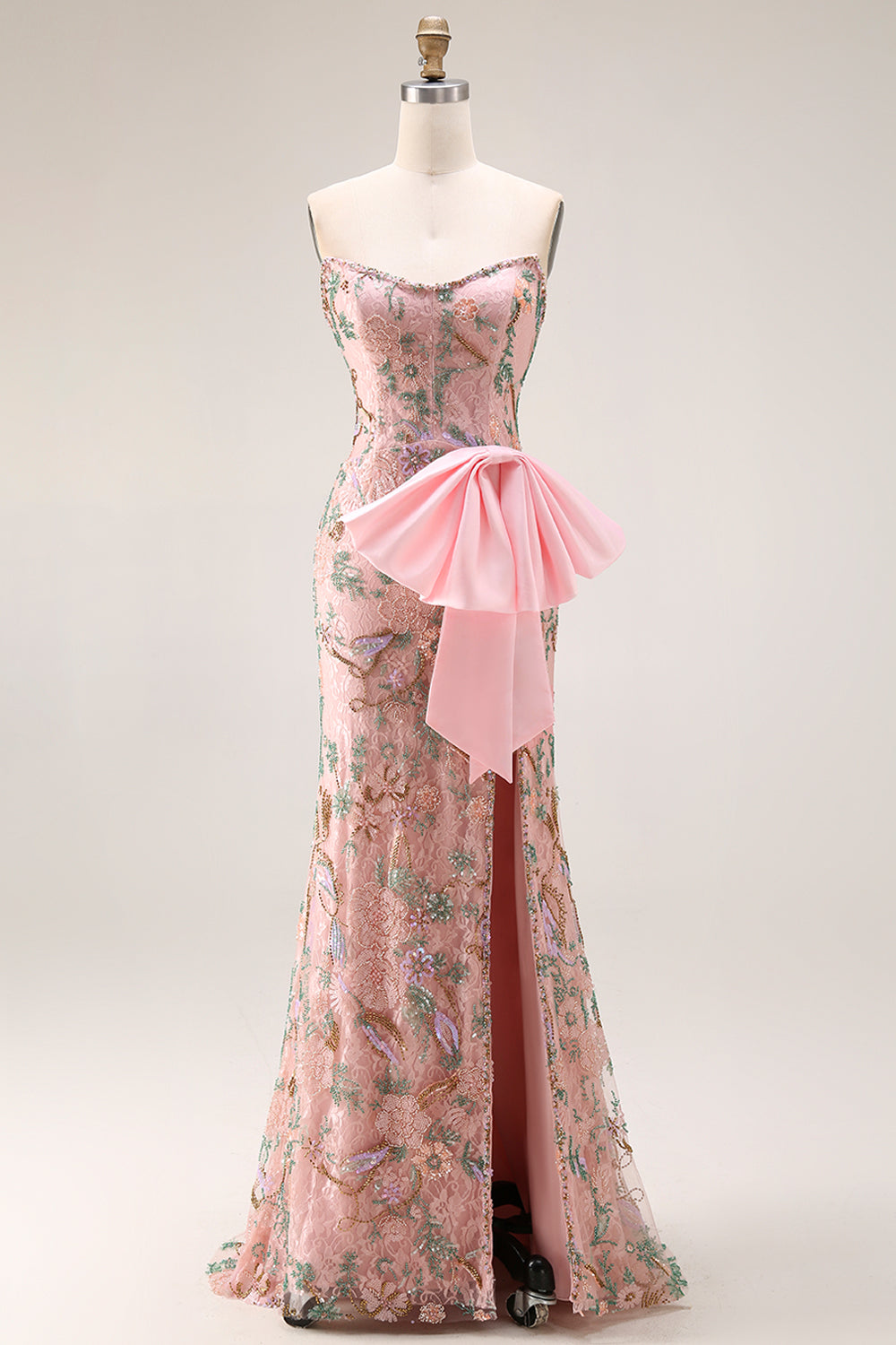 Sparkly Pink Floral Strapless Mermaid Long Lace Beaded Prom Dress with Slit