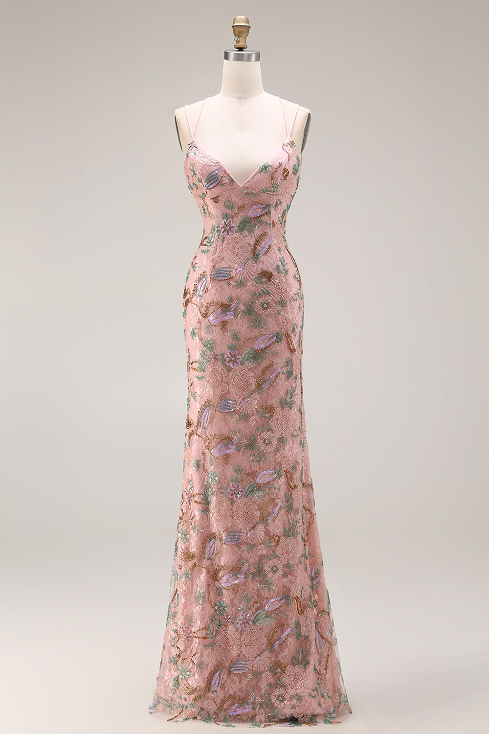 Blush Floral Spaghetti Straps Mermaid Corset Long Lace Prom Dress
