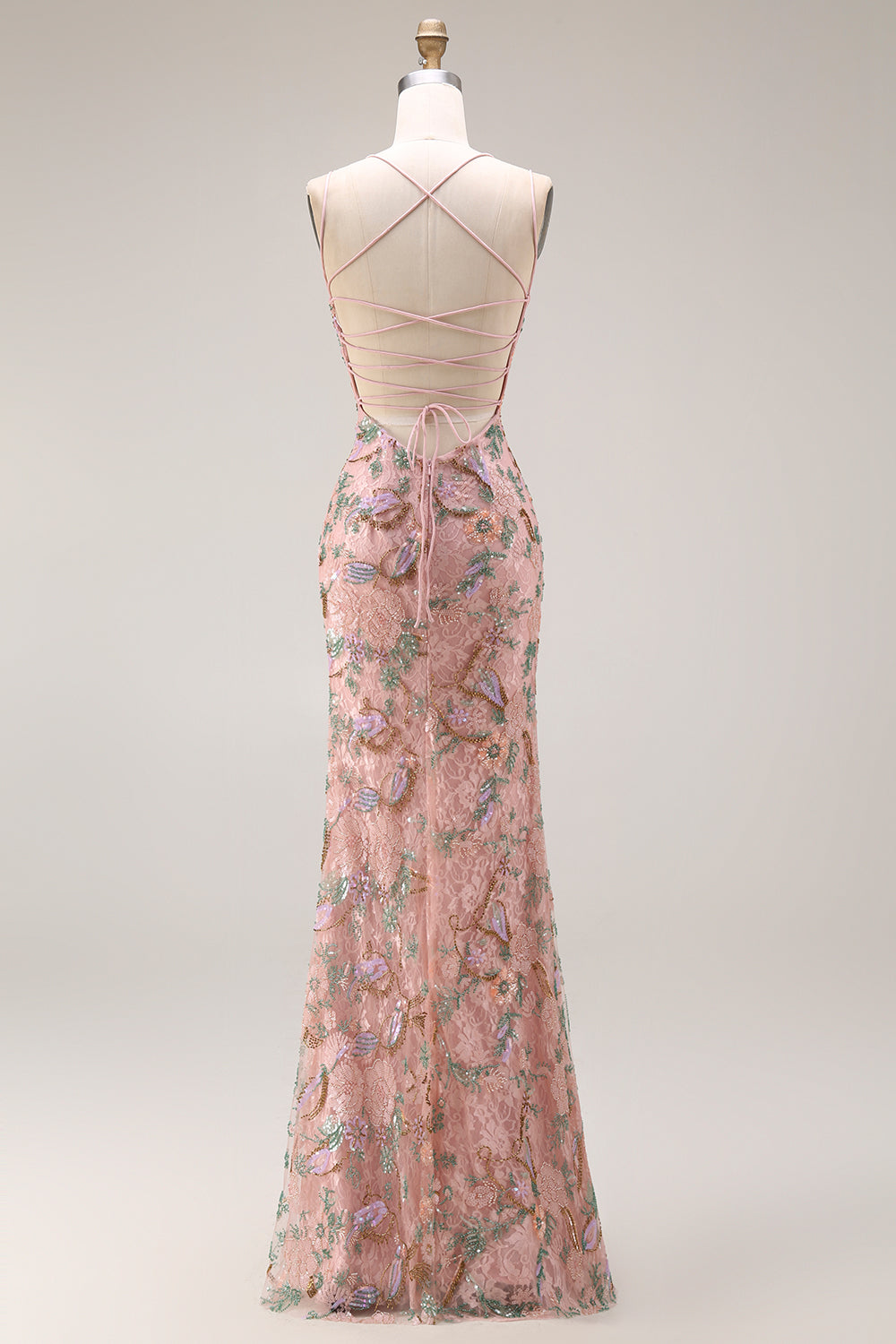 Blush Floral Spaghetti Straps Mermaid Corset Long Lace Prom Dress