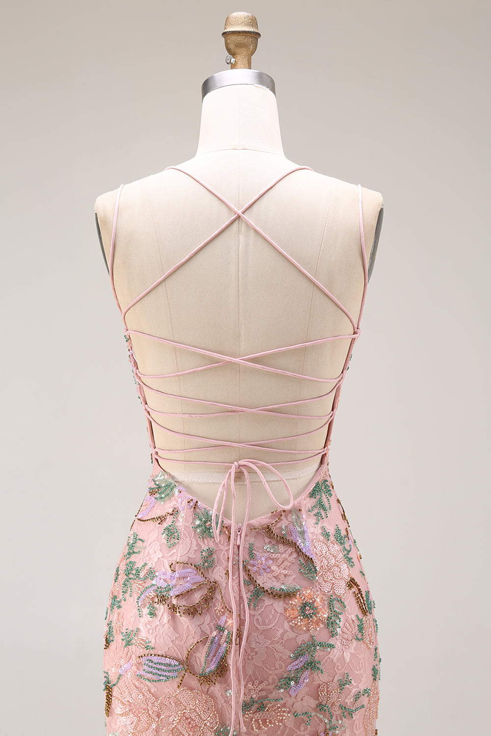 Blush Floral Spaghetti Straps Mermaid Corset Long Lace Prom Dress