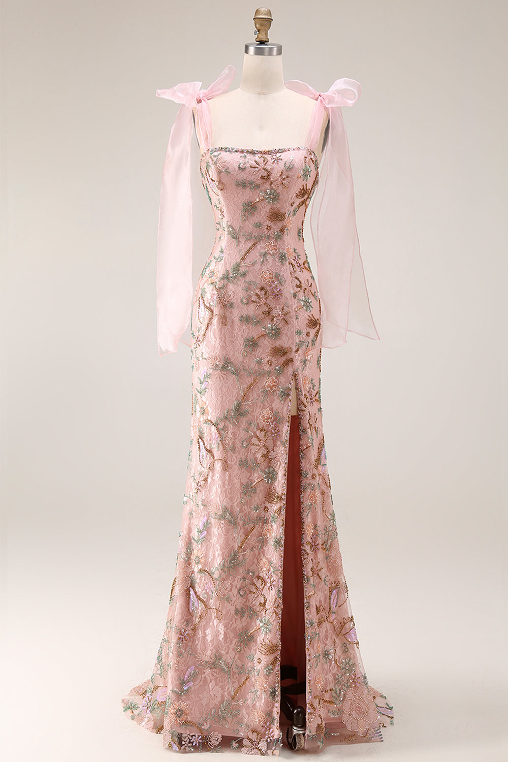Sparkly Floral Pink Lace Thick Straps Long Mermaid Prom Dress with Slit