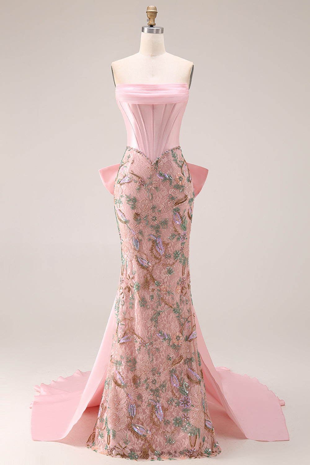 Sparkly Pink Lace Floral Strapless Mermaid Long Corset Prom Dress with Bow