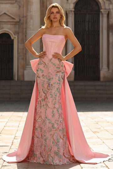 Sparkly Pink Lace Floral Strapless Mermaid Long Corset Prom Dress with Bow