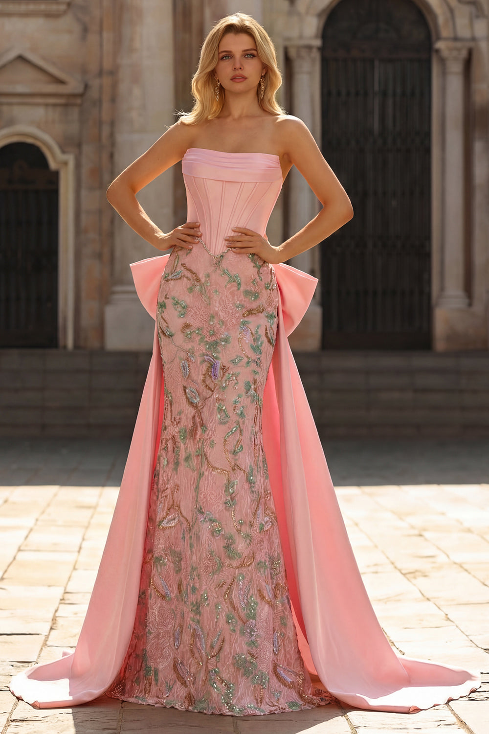 Sparkly Pink Lace Floral Strapless Mermaid Long Corset Prom Dress with Bow