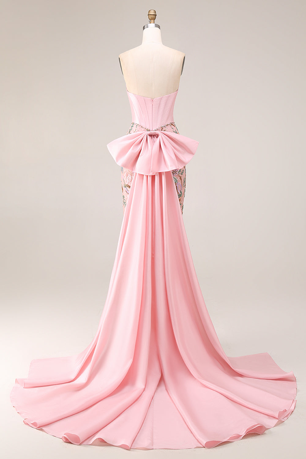 Sparkly Pink Lace Floral Strapless Mermaid Long Corset Prom Dress with Bow