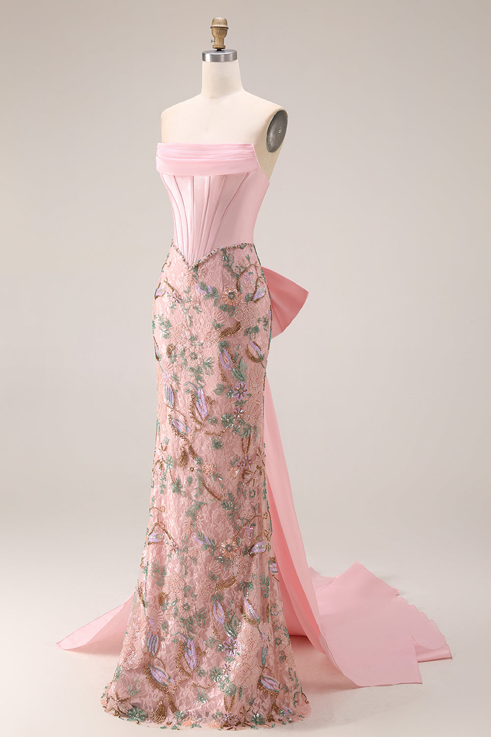 Sparkly Pink Lace Floral Strapless Mermaid Long Corset Prom Dress with Bow