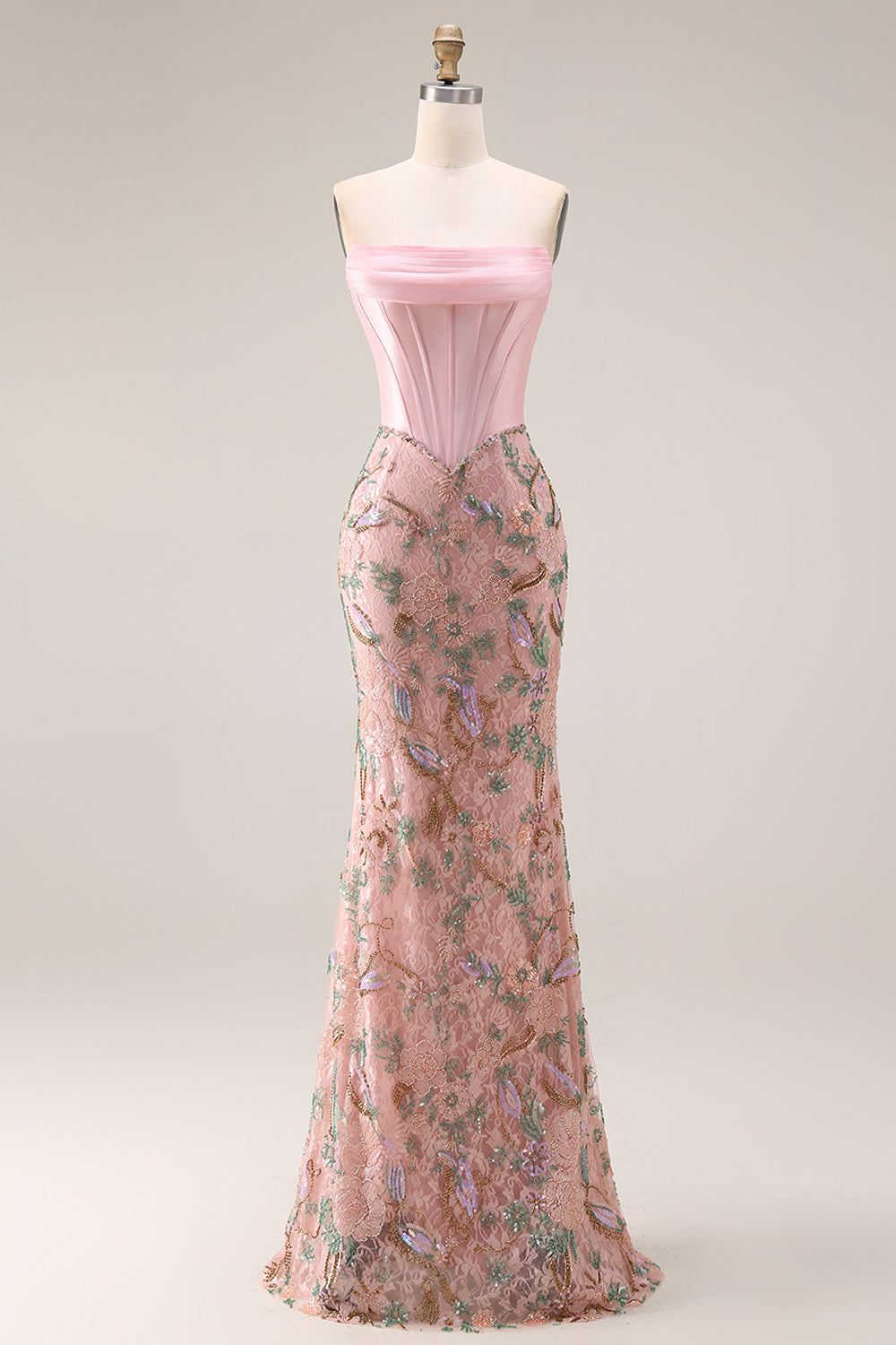 Sparkly Pink Lace Floral Strapless Mermaid Long Corset Prom Dress with Bow