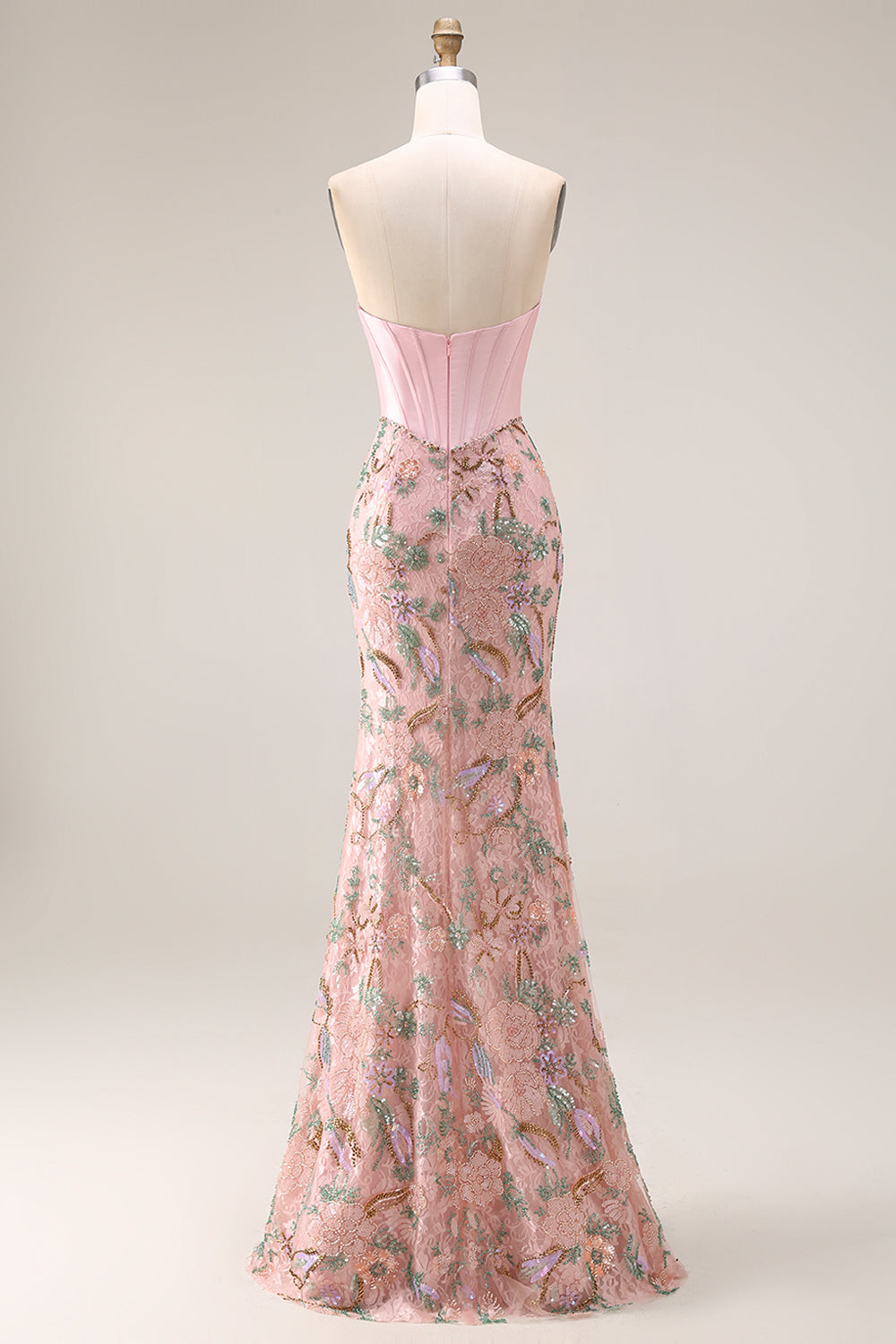 Sparkly Pink Lace Floral Strapless Mermaid Long Corset Prom Dress with Bow