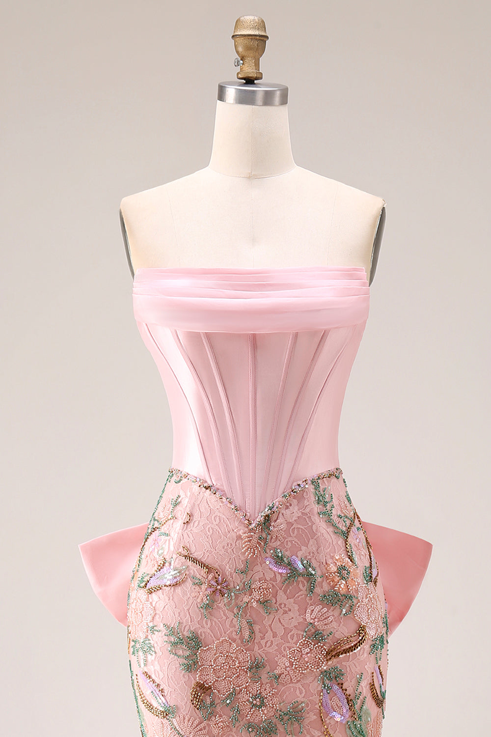 Sparkly Pink Lace Floral Strapless Mermaid Long Corset Prom Dress with Bow