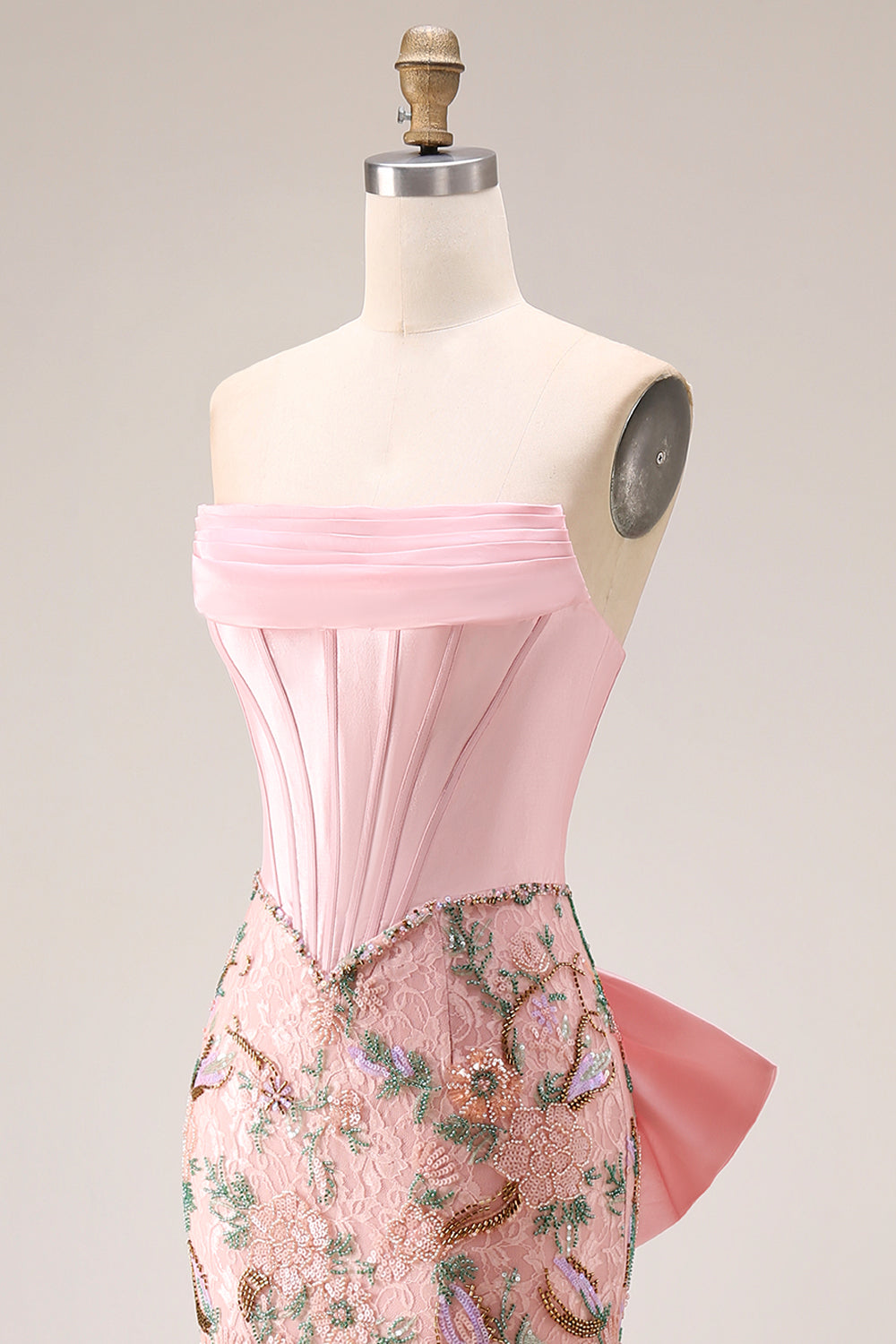 Sparkly Pink Lace Floral Strapless Mermaid Long Corset Prom Dress with Bow