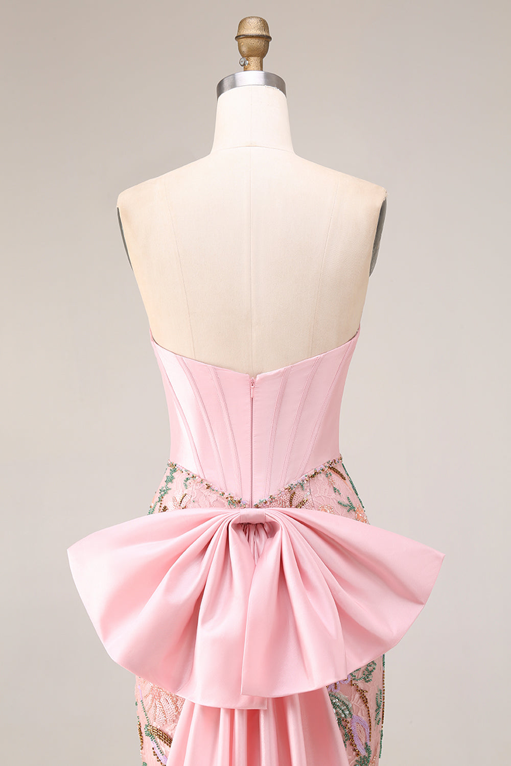 Sparkly Pink Lace Floral Strapless Mermaid Long Corset Prom Dress with Bow