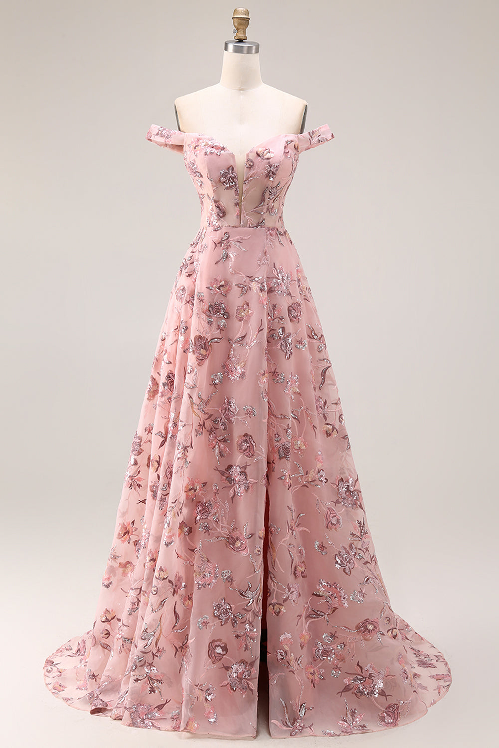Floral Purple A Line Off the Shoulder Long Prom Dress with Sequins