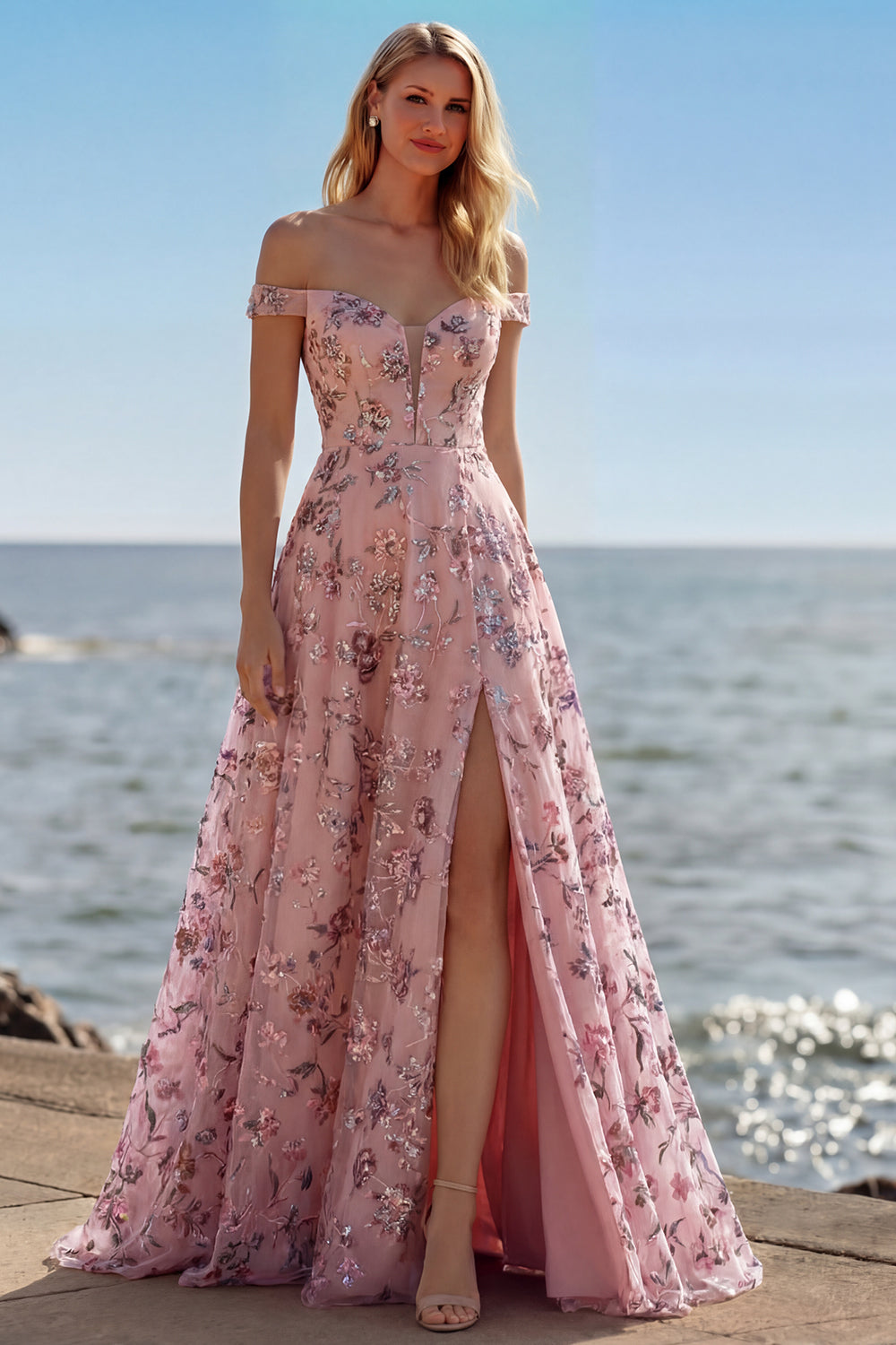 Floral Purple A Line Off the Shoulder Long Prom Dress with Sequins