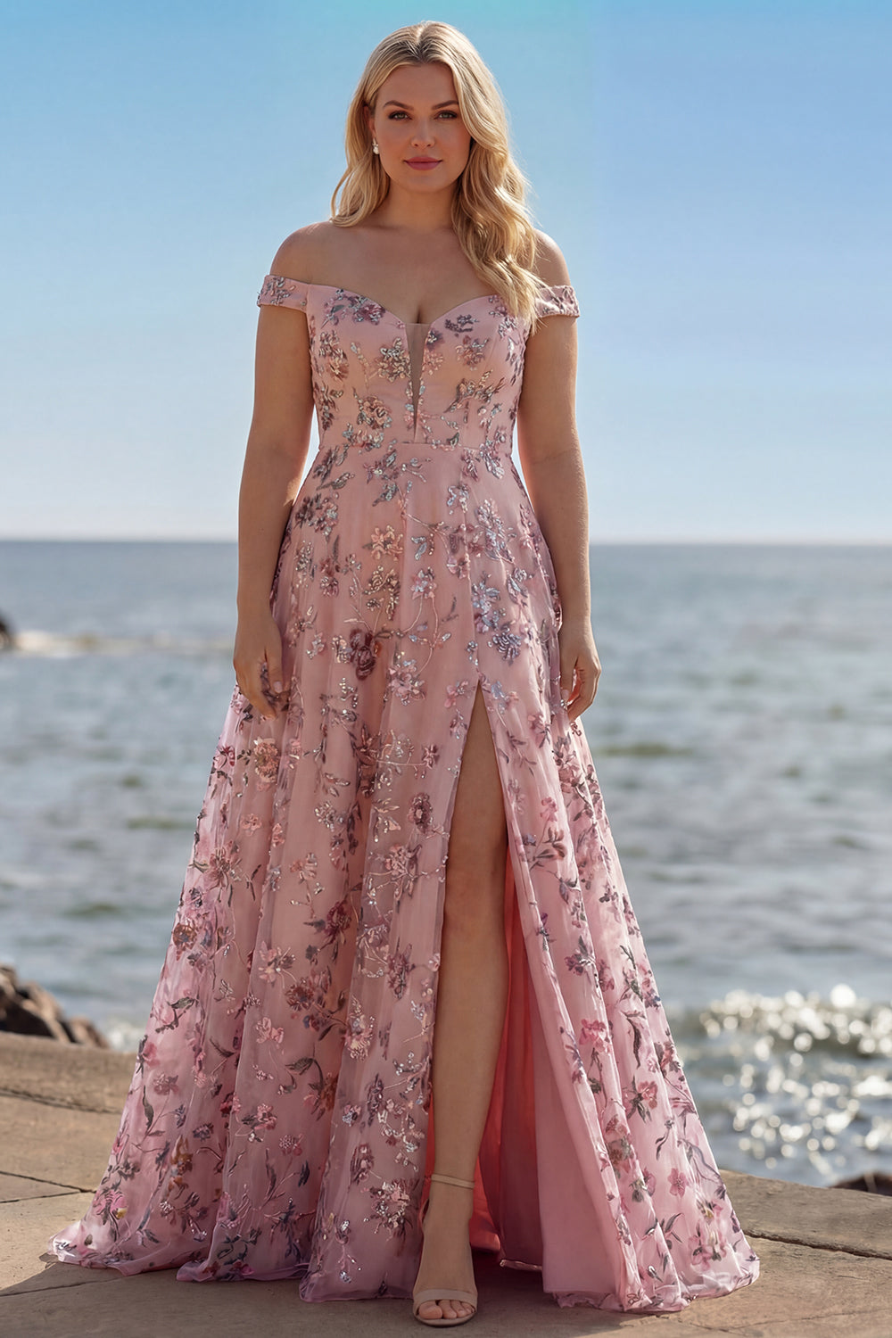 Floral Purple A Line Off the Shoulder Long Prom Dress with Sequins