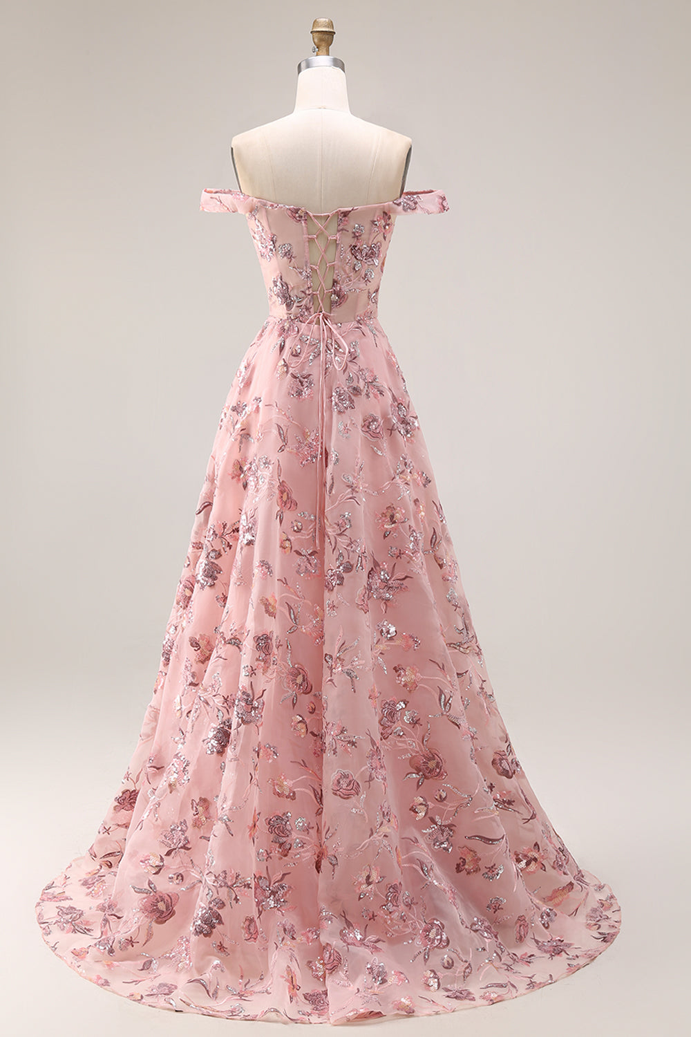 Floral Purple A Line Off the Shoulder Long Prom Dress with Sequins