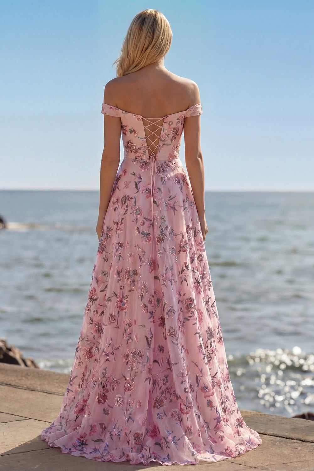 Floral Purple A Line Off the Shoulder Long Prom Dress with Sequins