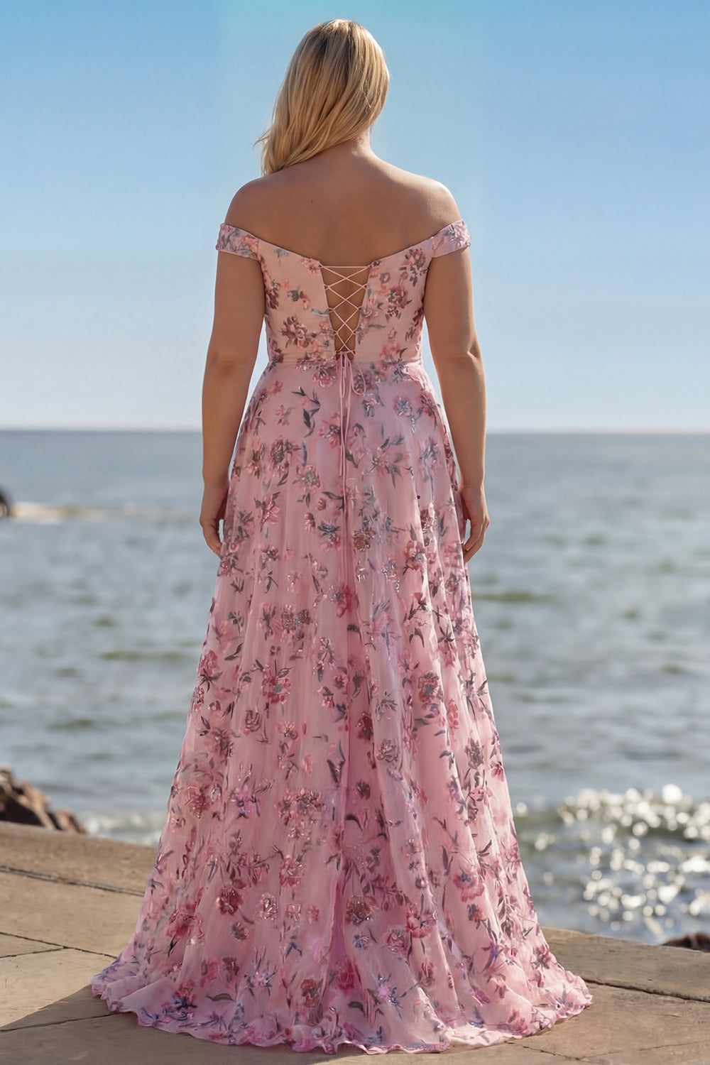 Floral Purple A Line Off the Shoulder Long Prom Dress with Sequins