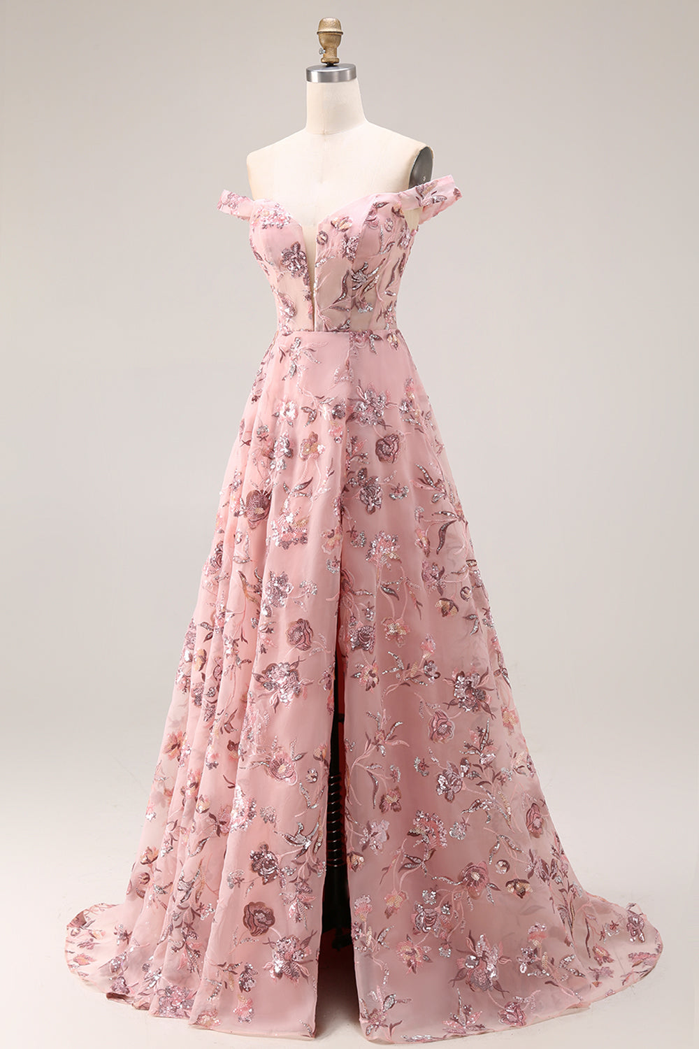 Floral Purple A Line Off the Shoulder Long Prom Dress with Sequins